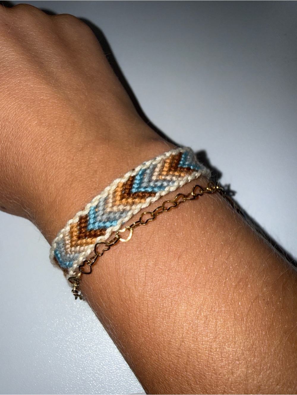 Handwoven Chevron Friendship Bracelet in Cream, Brown & Blue